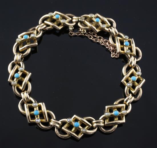 An Edwardian 15ct gold, turquoise and seed pearl set shaped link bracelet, approx. 6.25in.